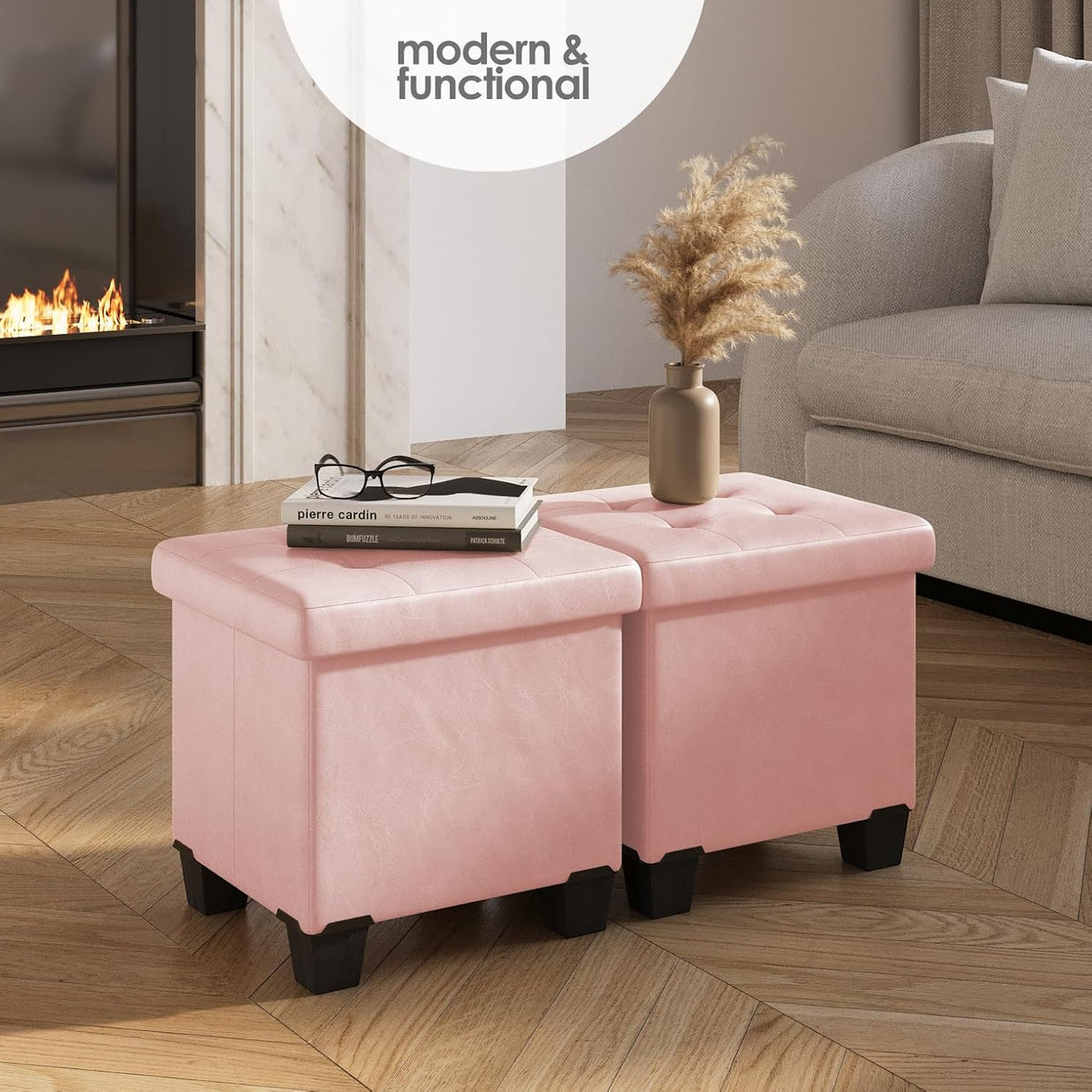STORAGEBUD Storage Ottoman Cube with Small Bin, 16-in Square Ottoman with Storage for Living Room and Bedroom, Small Ottomans Foot Rest, Faux Leather Foot Stools Ottomans Max 330lbs, Pink