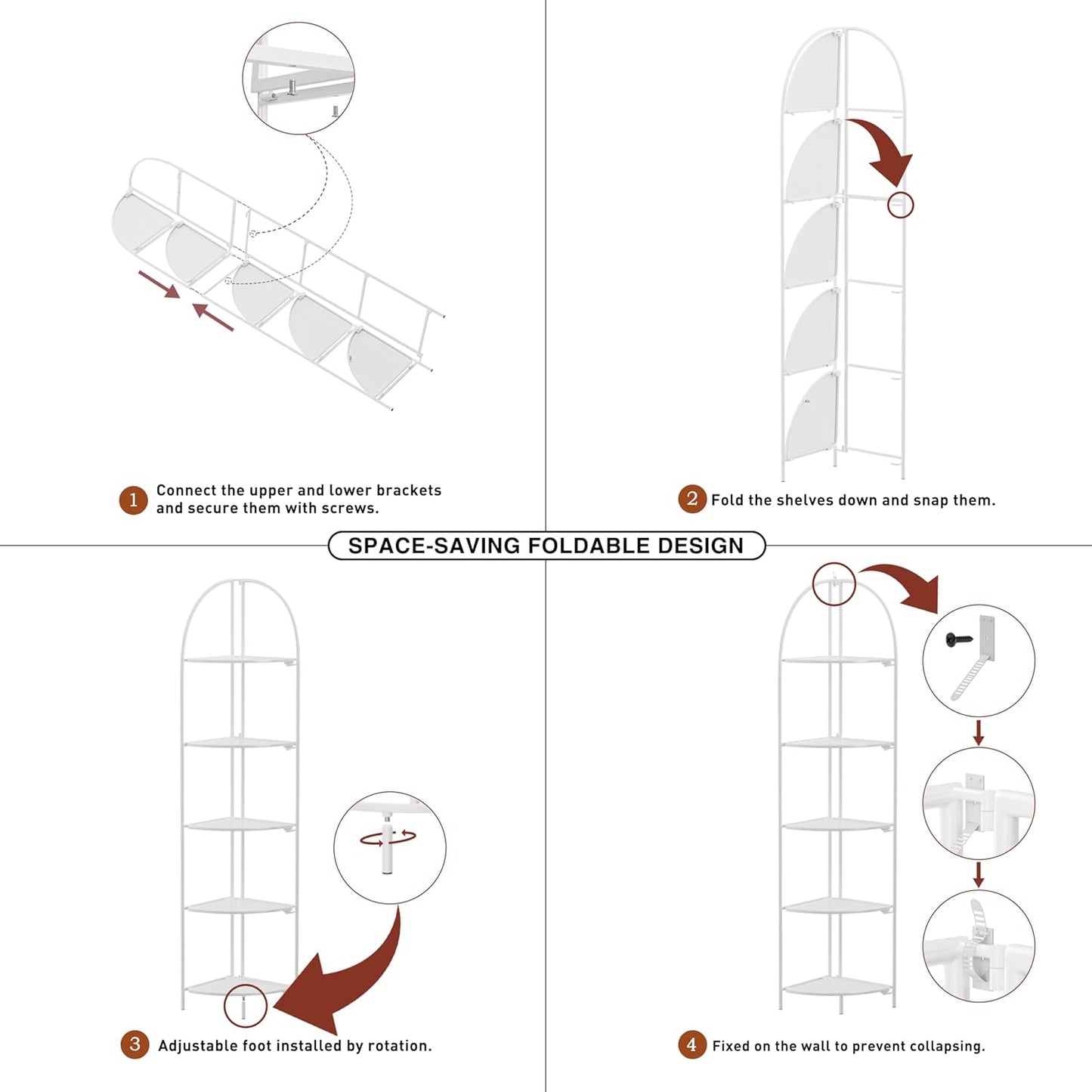 Crofy Foldable 5 Tier Corner Shelf, Metal Corner Plant Stand with White Frame and White Shelves, Corner Display Rack Multipurpose Shelving Unit for Living Room, Bedroom, Bathroom