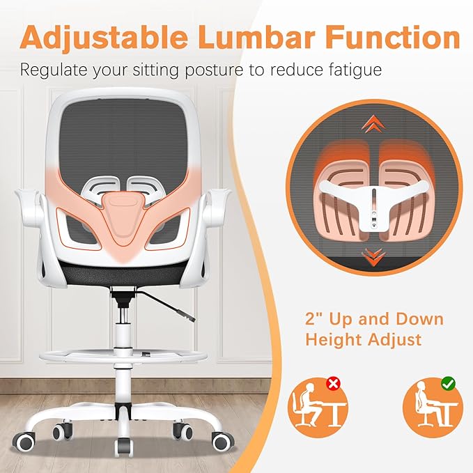 Tall Drafting Chair with Lumbar Support and Footrest Ring, Supportive Tall Extended Height Ergonomic Desk Chair for Home Work, Breathable Mesh Office Chair with Flip up Arms(White)