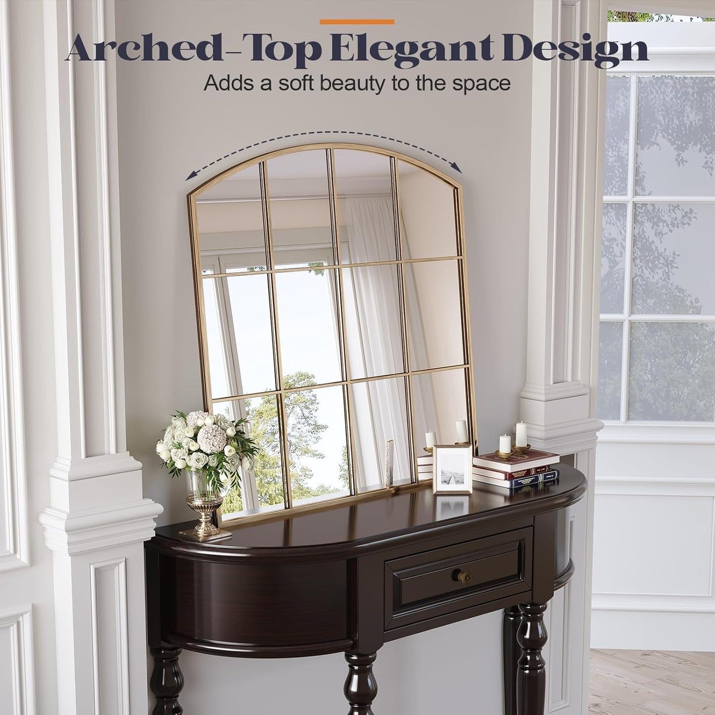 36" x 36" Farmhouse Arched Wall Mirror, Gold Window Pane Mirrors, Rustic Large Grid Mirror for Living Room, Bedroom, Hallway, Entryway