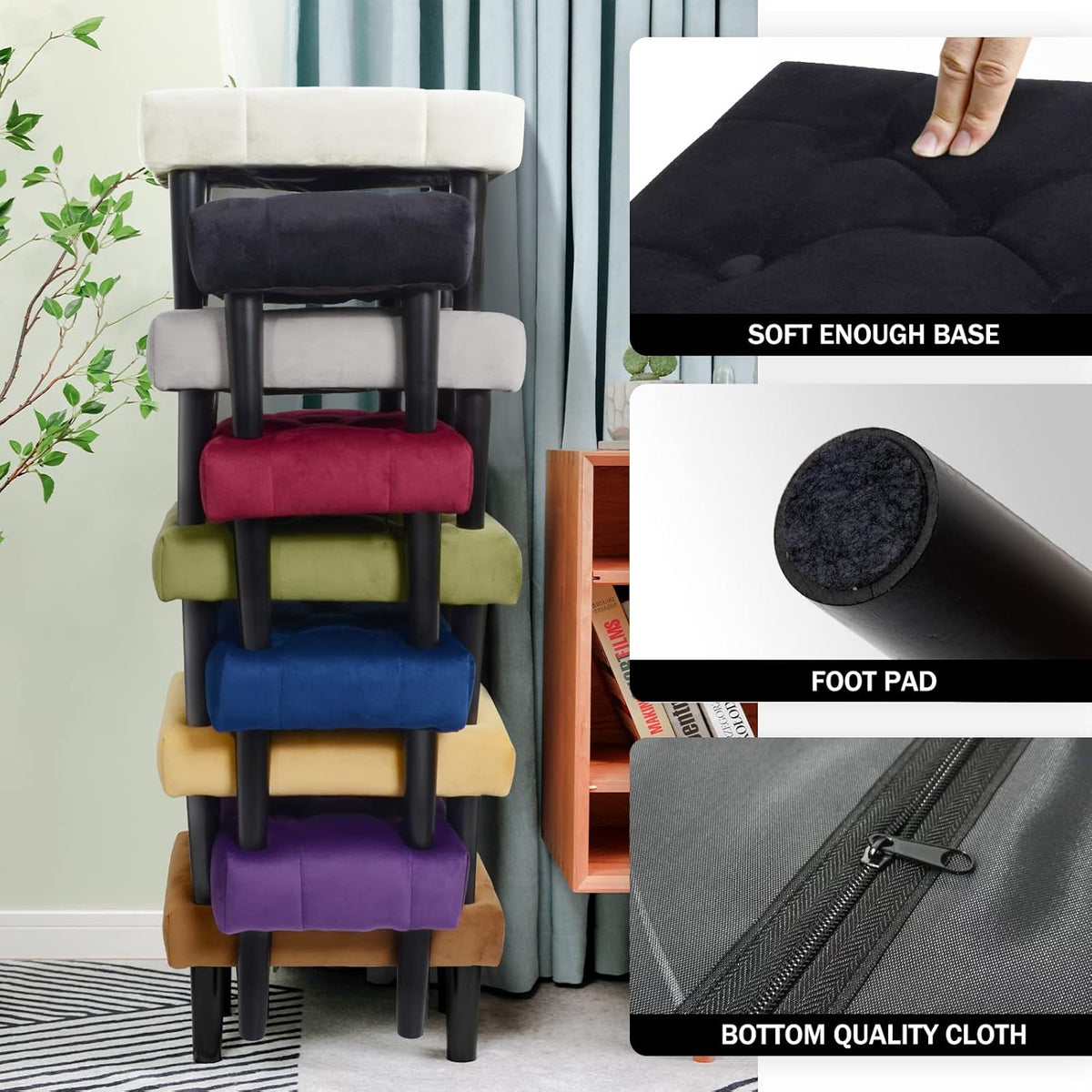 HOUCHICS Small Footstool Ottoman,Velvet Soft Footrest Ottoman with Wood Legs,Sofa Footrest Extra Seating for Living Room Entryway Office(Black 1PACK)