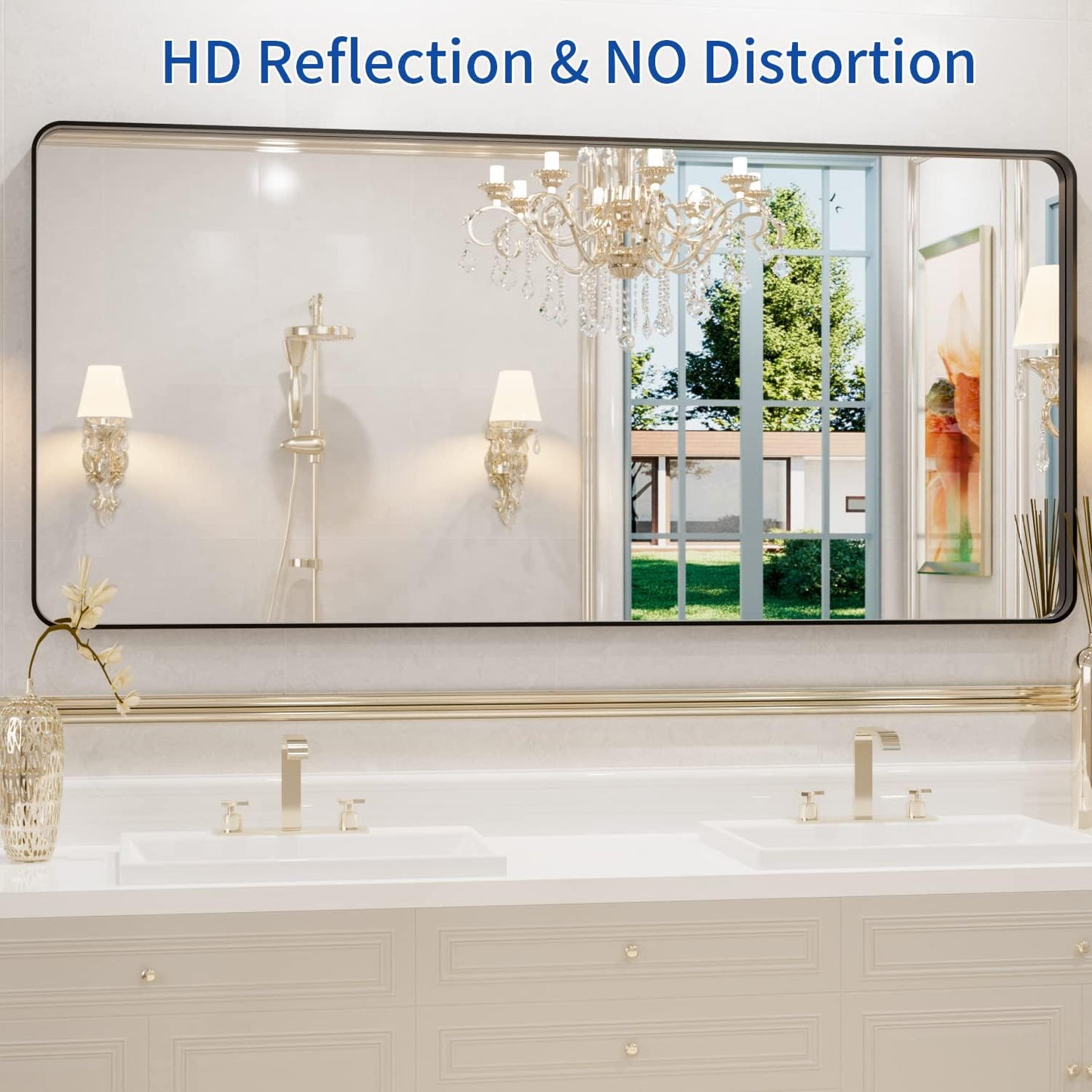 WEER Black Metal Framed Mirror, 60X28 Inch Rectangular Matte Black Wall Mirror for Bathroom, Rounded Corner Black Bathroom Vanity Mirror, Tempered Glass, Anti-Rust, Hangs Horizontal or Vertical