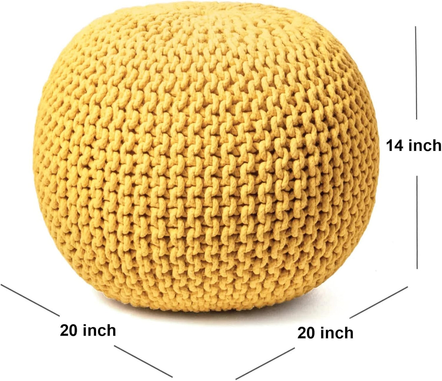 FRELISH DECOR Round Pouf Ottoman Hand Knitted 100% Cotton Pouf Foot Stool - Knitted Bean Bag - Floor Chair for Living Room Bedroom - Foot Rest for Couch (20 Diameter x 14 Height) - Yellow
