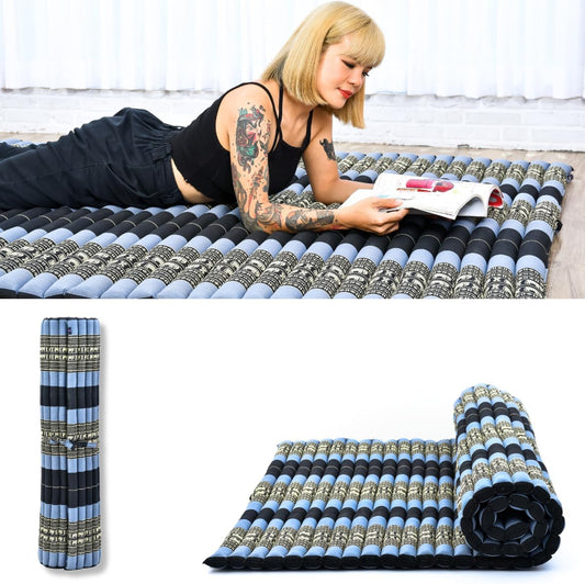 Leewadee - Foldable Floor Mattress - Japanese Roll Up Futon -Trifold Tatami Mat- Guest Floor Bed - Camping Mattress - Thai Massage Mat, Kapok Filled, 75 x 57 inches, Blue