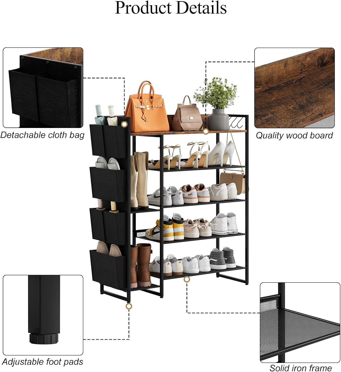 Brown 5-Tier Shoe Organizer - Free Standing Shoe Rack with Storage Bag for High Heels, Entryway, Hallways, Closets, Dormitory Rooms