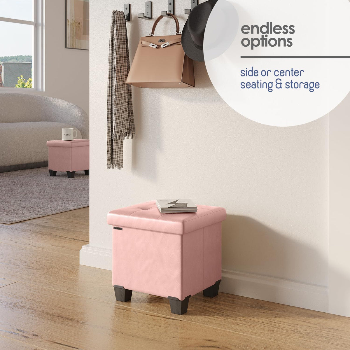 STORAGEBUD Storage Ottoman Cube with Small Bin, 16-in Square Ottoman with Storage for Living Room and Bedroom, Small Ottomans Foot Rest, Faux Leather Foot Stools Ottomans Max 330lbs, Pink