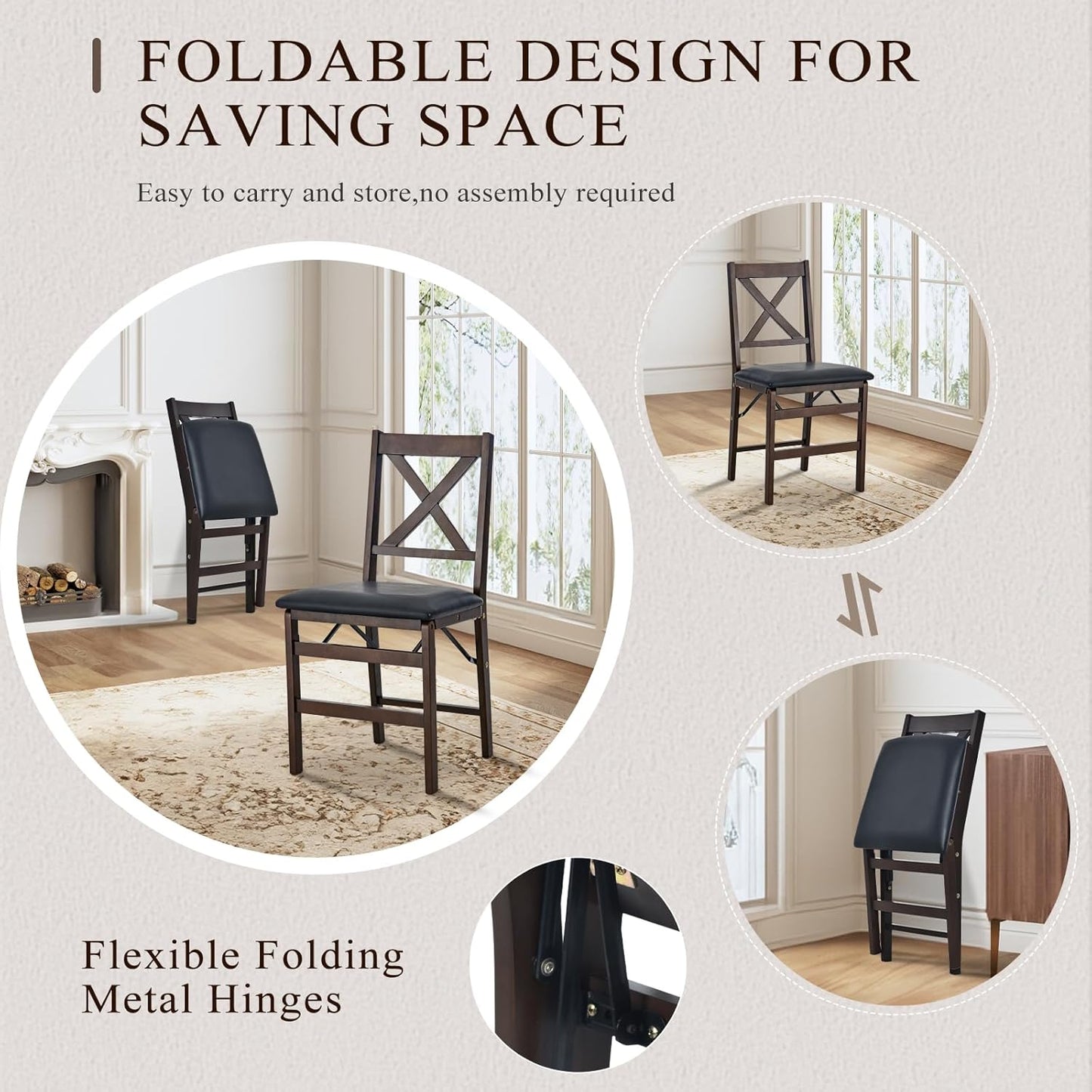 COLAMY Folding Dining Chairs Set of 4 – Dark Brown Wooden Dining Room Chairs, Pre-Assembled, Space Saving Kitchen & Dining Room Furniture, Mid Century Rustic Style, Indoor Outdoor Use