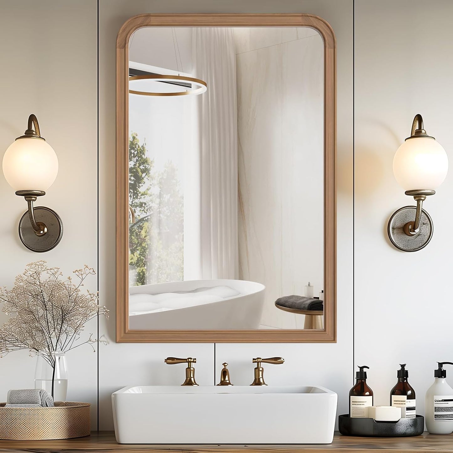 WallBeyond Wood Bathroom Mirrors for Wall Mounted, 24" x 36" Rustic Wood Frame Wall Mirrors Decorative for Living Room or Bedroom Vanity Mirror, Honey-Colored