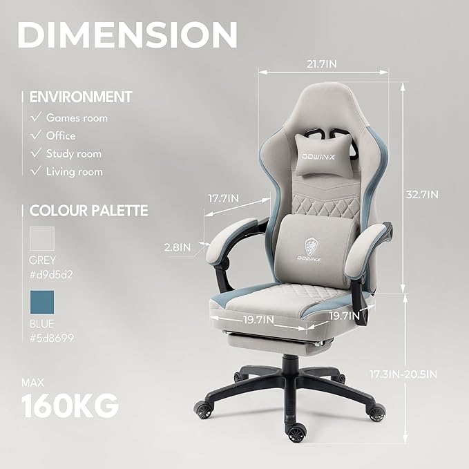 Dowinx Gaming Chair Breathable Fabric Game Chair with Gel Pad and Storage Bag, Comfortable Gamer Chair with Pocket Spring Cushion,Ergonomic Computer Chair with Footrest,Grey