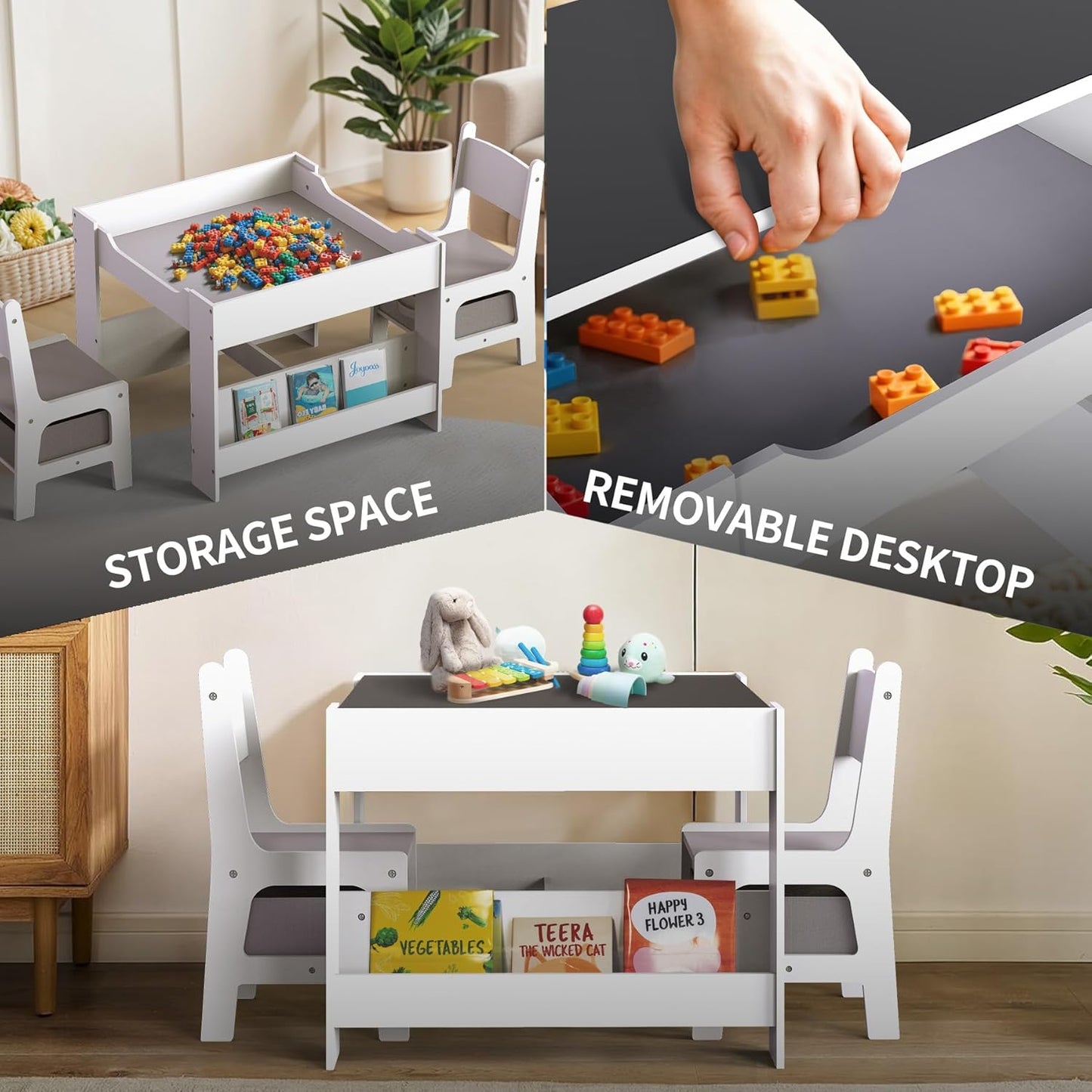 Joyooss Kids Table and Chair Set,4 in 1 Wooden Kids Table and Chairs Ages 3-7,Toddler Table with Storage Kid Desk and Chair Set for Toddlers 2 in 1 Tabletop