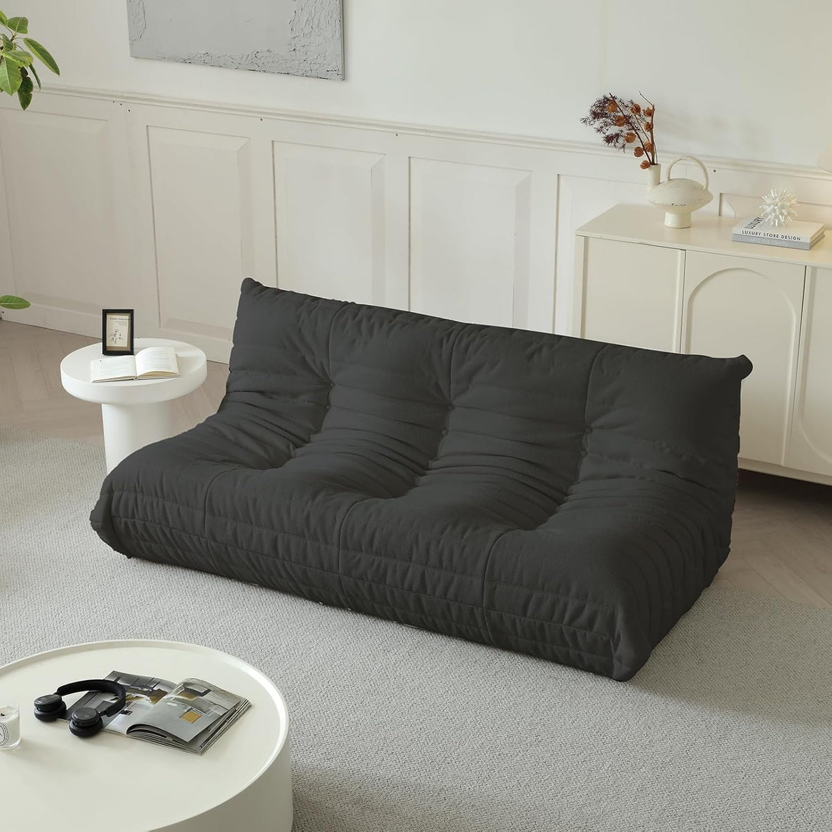 Luxury Sofa Couch Chair, Lazy Floor Seating, Fireside Bean Bag Chair, Ergonomic Tatami Sofa Lounger for Living Room, Bedroom, Office, 3 Seat, Black