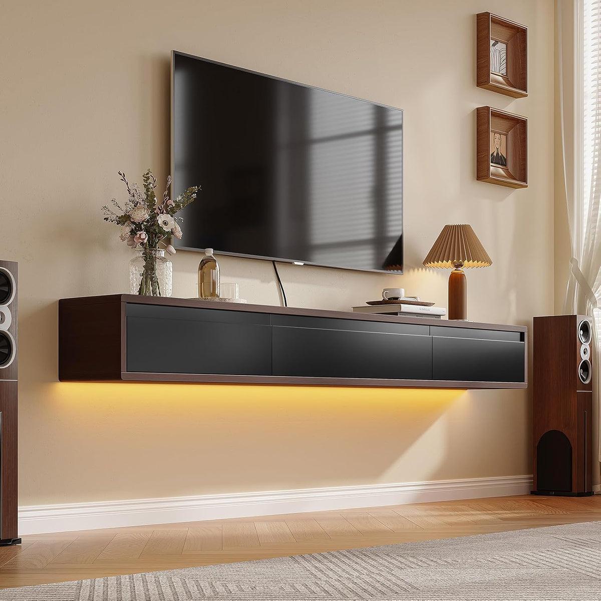 Floating TV Stand Matte Finish, 55'' Wall-Mounted TV Cabinet,Floating TV Console,Under TV Shelf with 3 Doors for Living Room Bedroom(Walnut+Black)