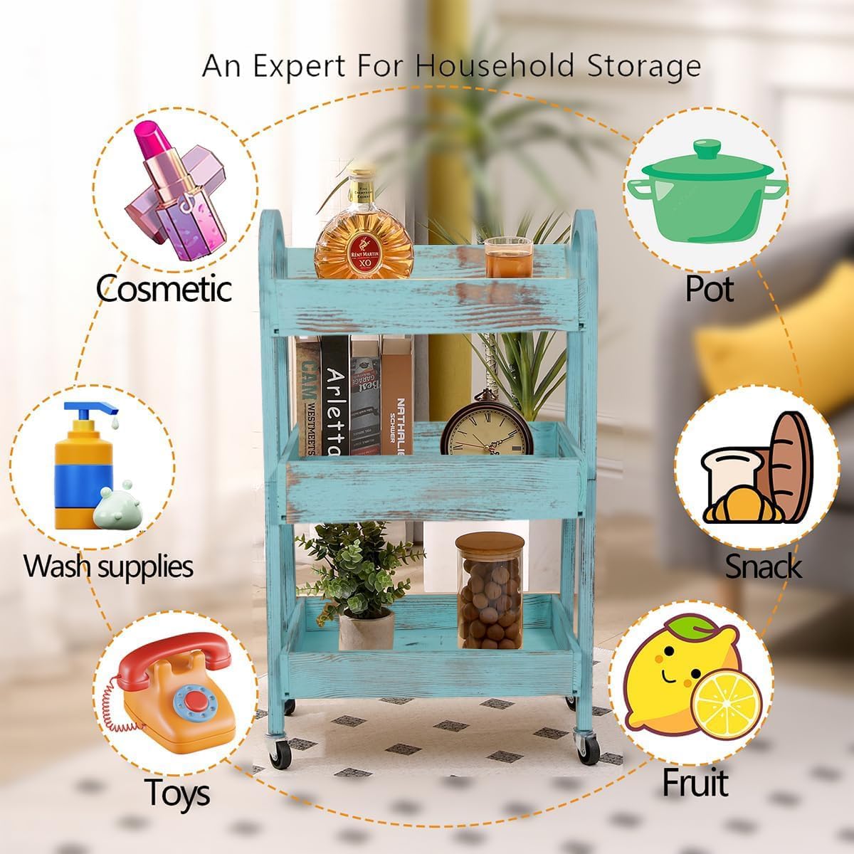 3-Tier Rolling Utility Cart with Lockable Wheels Storage Slim Storage Heavy Duty Cart Mobile Shelving Unit Craft Narrow Organizer for Bathroom Laundry Kitchen (Vintage Blue)