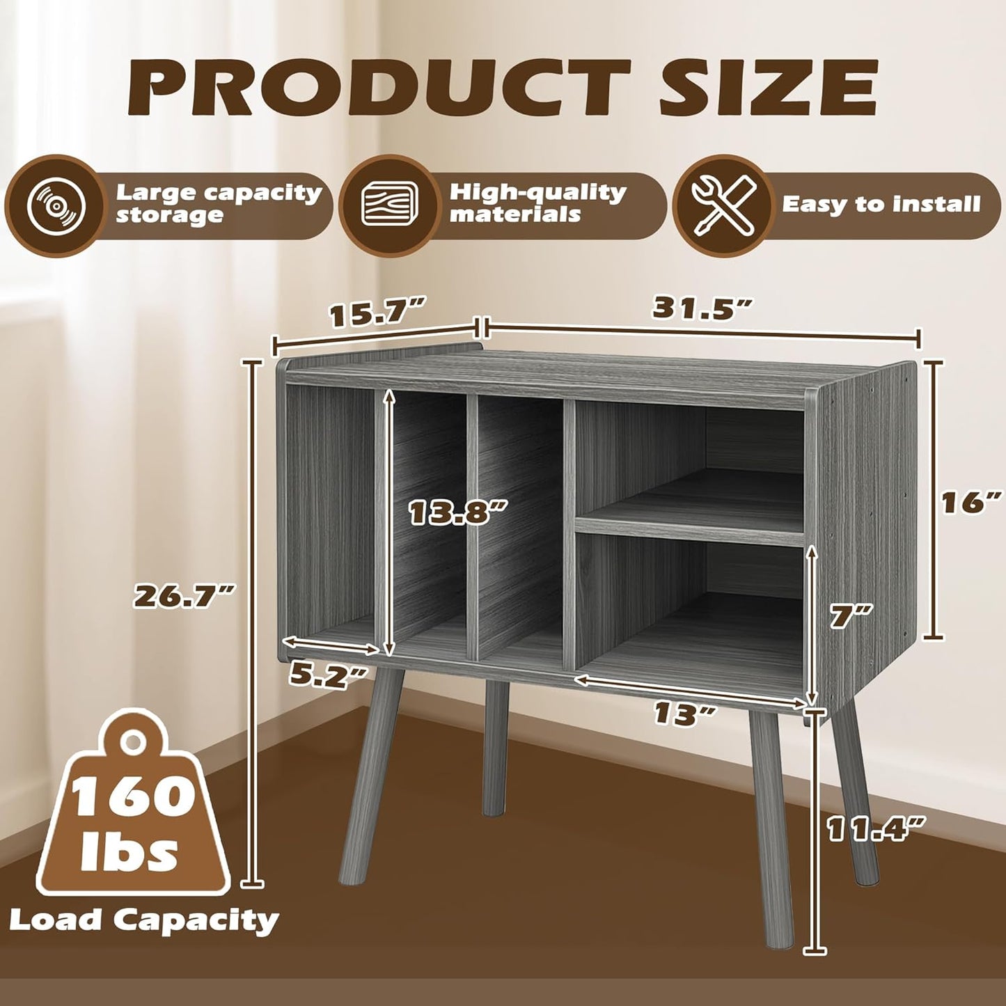 Record Player Stand with Vinyl Storage, Wooden Record Player Table with 5 Cabinet, Large Vinyl Record Player Stand, Record Player Holder, Record Player Shelf for Office Living Room, Gray