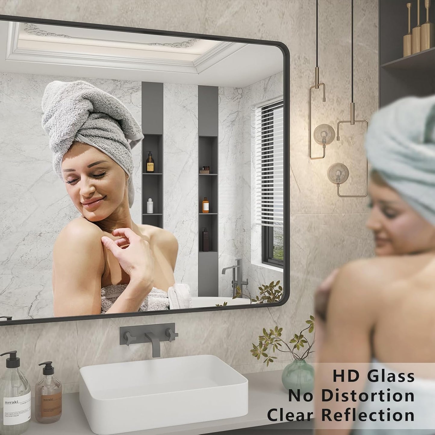 Black Bathroom Mirror for Wall, 55x30 Large Matte Black Vanity Mirror for Bathroom, Rounded Rectangle Mirror, Anti-Rust, Shatterproof (Horizontal/Vertical)