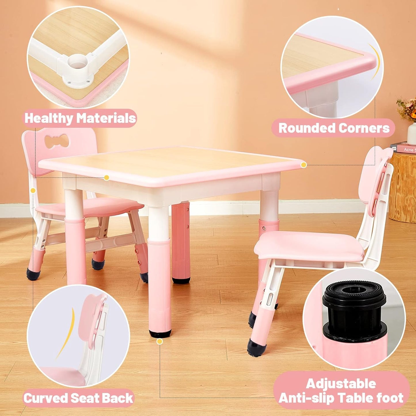 FUNLIO Kids Table and 2 Chairs Set, Height Adjustable Toddler Table and Chair Set for Ages 3-8, Easy to Wipe Arts & Crafts Table, for Classrooms/Daycares/Homes, CPC & CE Approved (3pcs Set) - Pink