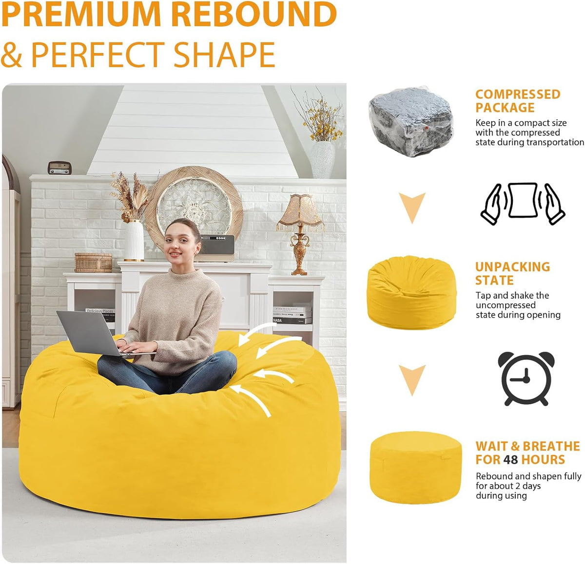 4FT Bean Bag Chair, Large Bean Bag Chairs with Memory Foam Filled, Fluffy Beanbag Sofa with Dutch Velvet Cover, Round BeanBag Chairs for Living Room, Playroom - Lemon