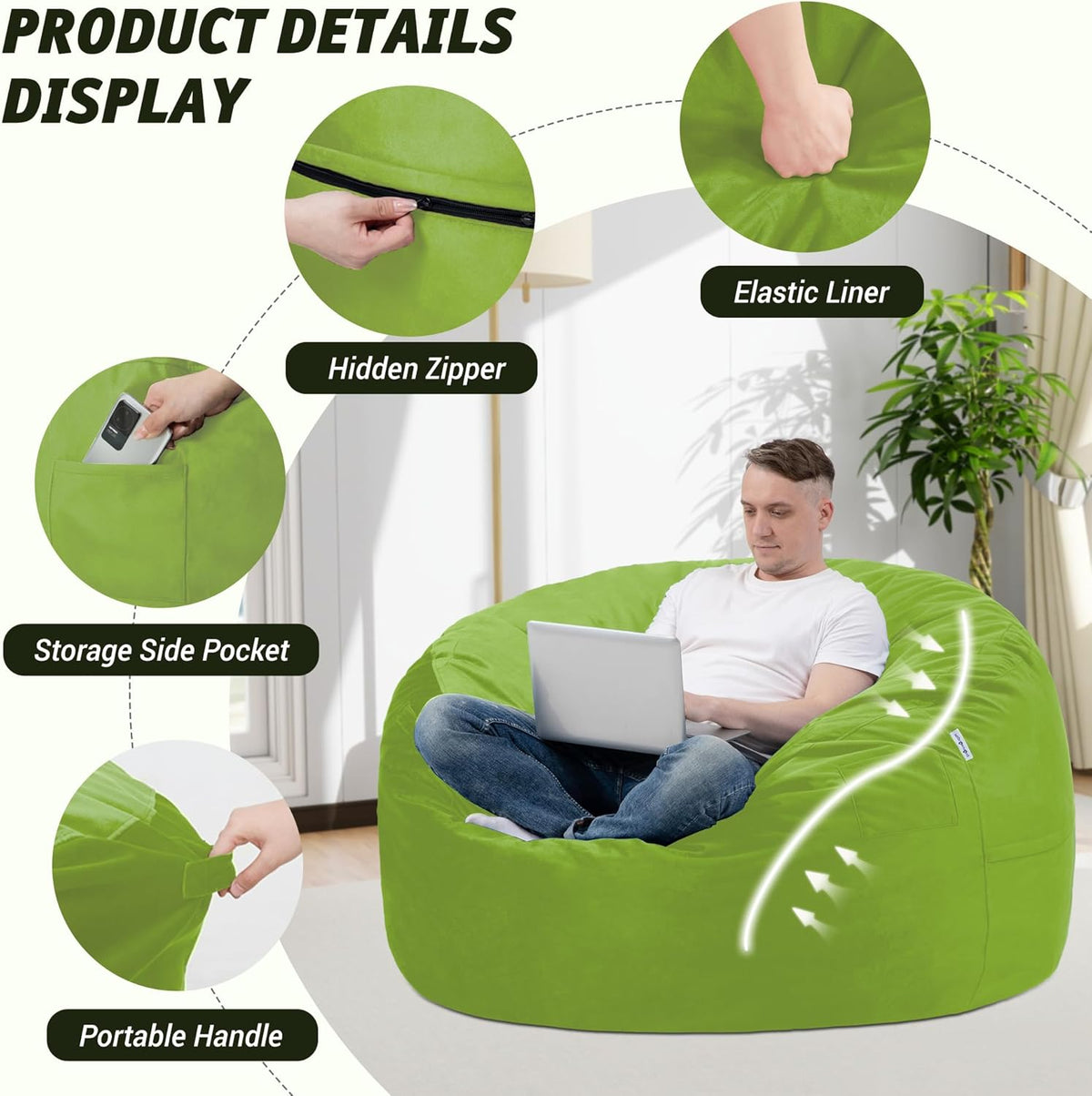3FT Bean Bag Chair with Ultra Soft Velvet Cover Bean Bag Sofa with Memory Foam Bean Bag Chairs with Large Size Lazy Sofa for Dorm Office Living Room Bedroom Grass Green 3'