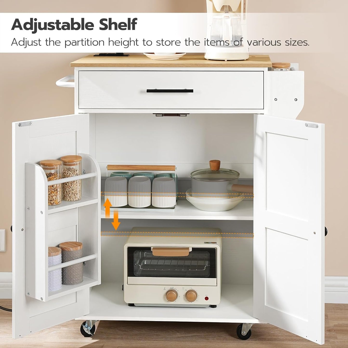 HOOBRO Kitchen Island with Power Outlet, Kitchen Storage Island with Large Worktop, Spice Rack and Drawer, Rolling Island on Wheels, for Dining Room, White and Natural