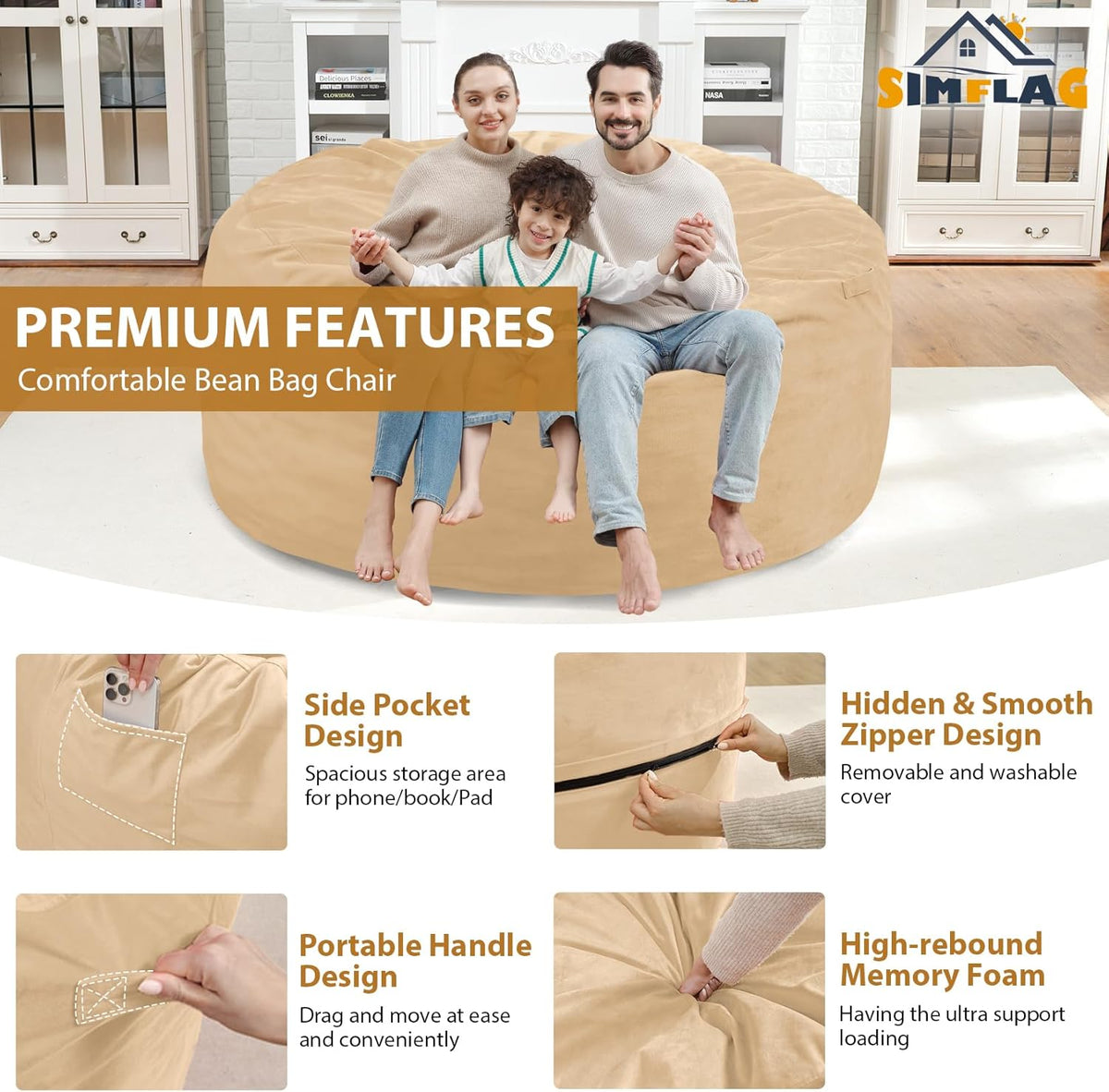 5FT Bean Bag Chair, Large Bean Bag Chairs with Memory Foam Filled, Fluffy Beanbag Sofa with Dutch Velvet Cover, Round BeanBag Chairs for Living Room, Playroom - Khaki