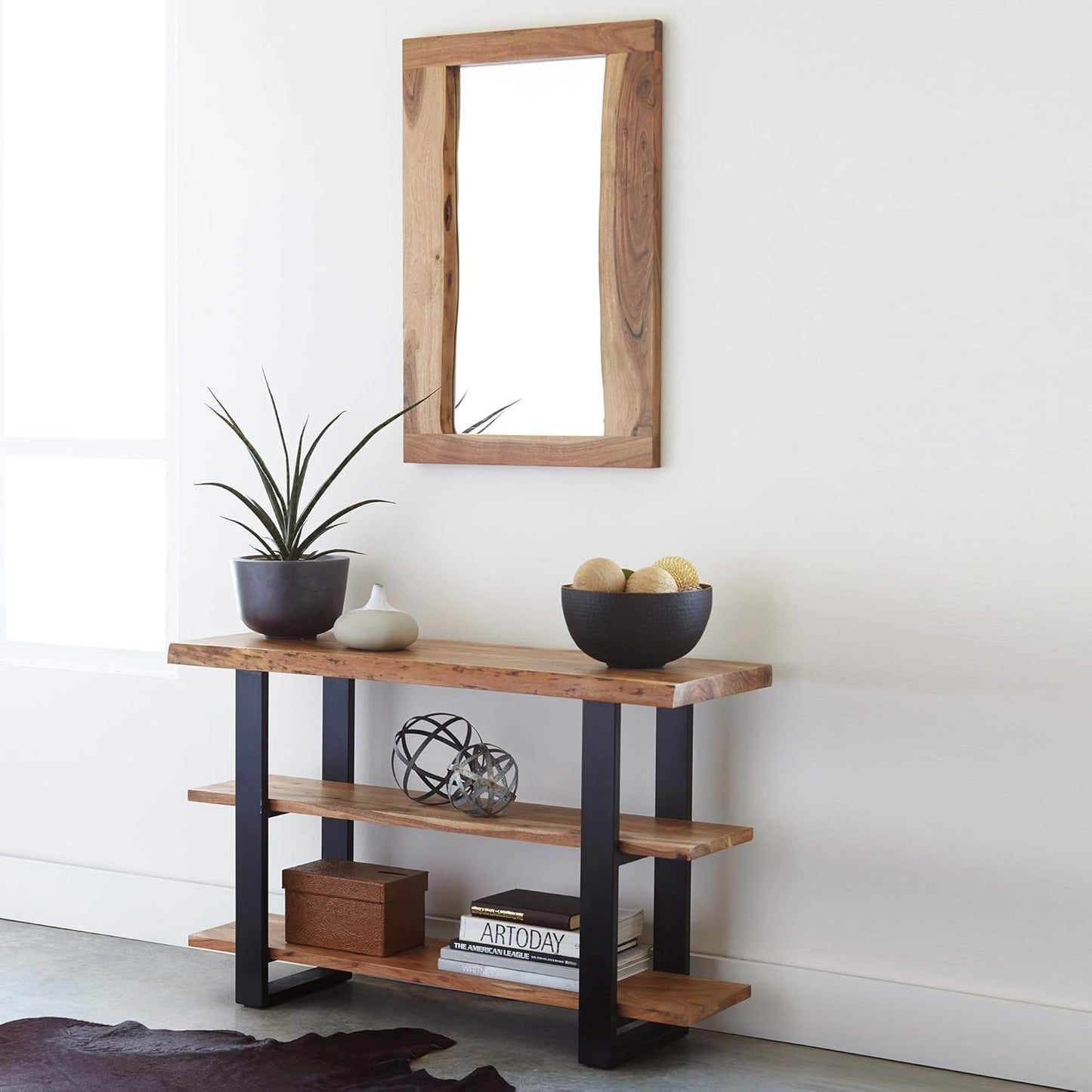 Alpine 24 in. Natural Live Edge Wood Mirror, Wall Bathroom Hanging Decor, Unique Imperfections & Cracks, Clear Natural Finish, Real Wood Ambiance