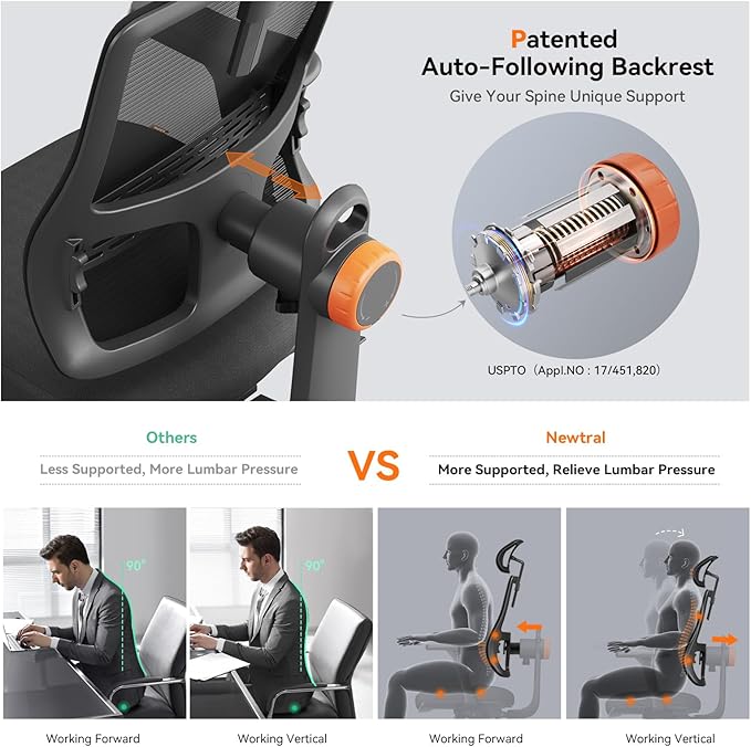 Newtral Ergonomic Home Office Chair, High Back Desk Chair with Unique Adaptive Lumbar Support, Adjustable Headrest, Seat Depth Adjustment, 96°-126° Tilt Function, Adjustable Armrest Recliner