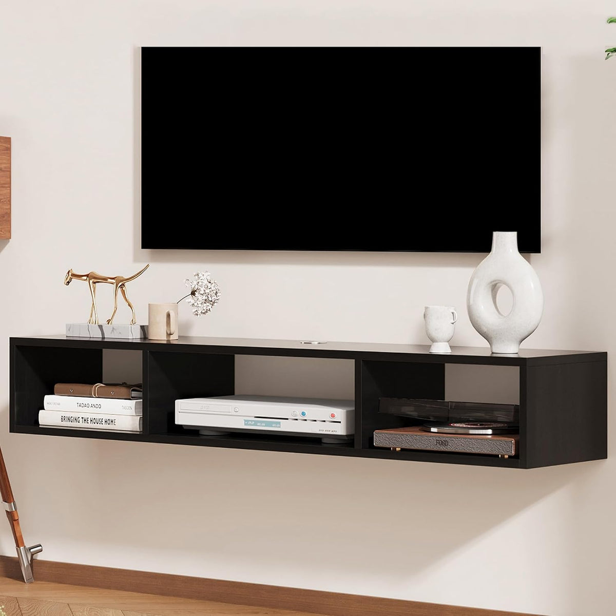 55" Floating TV Stand Modern Floating TV Console Wall Mounted Entertainment Center with Open Storage Cabinet Storage for Living Room Bedroom, Black