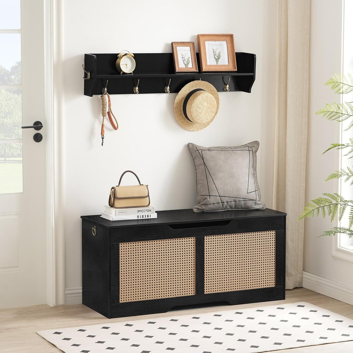 HOOBRO Storage Bench, 43.3" Toy Box, Rattan-Like Storage Chest, Sturdy Entryway Bench Supports 220 lb, Toy Chest, Safety Hinge, U-Shaped Opening, Easy Assembly, Black BB22CW01