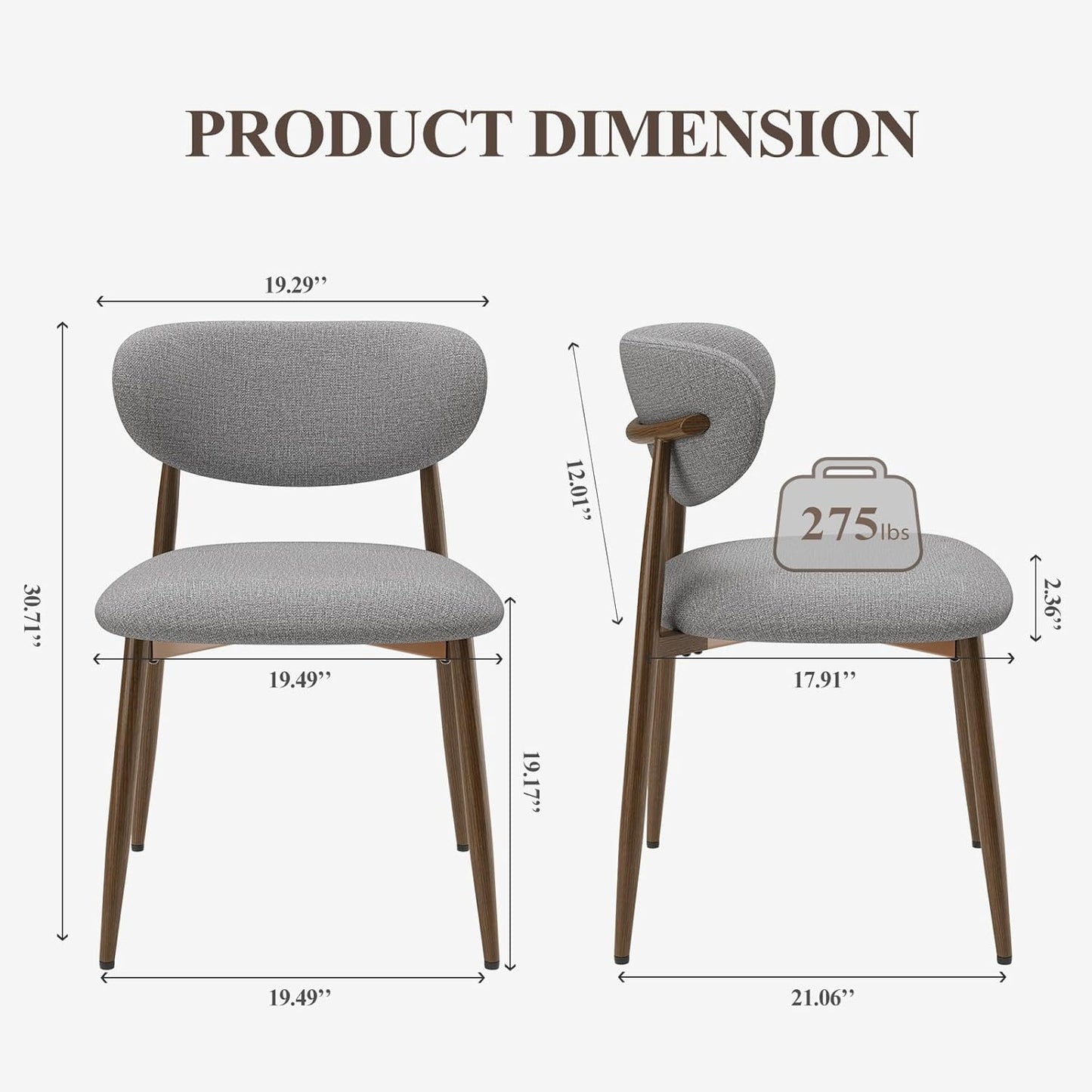 Dining Chairs Set of 2, Ergonomic Fabric Upholstered Seating with Wood Look Metal Legs and Anti Slip Pads, for Home and Restaurant Use, Light Grey