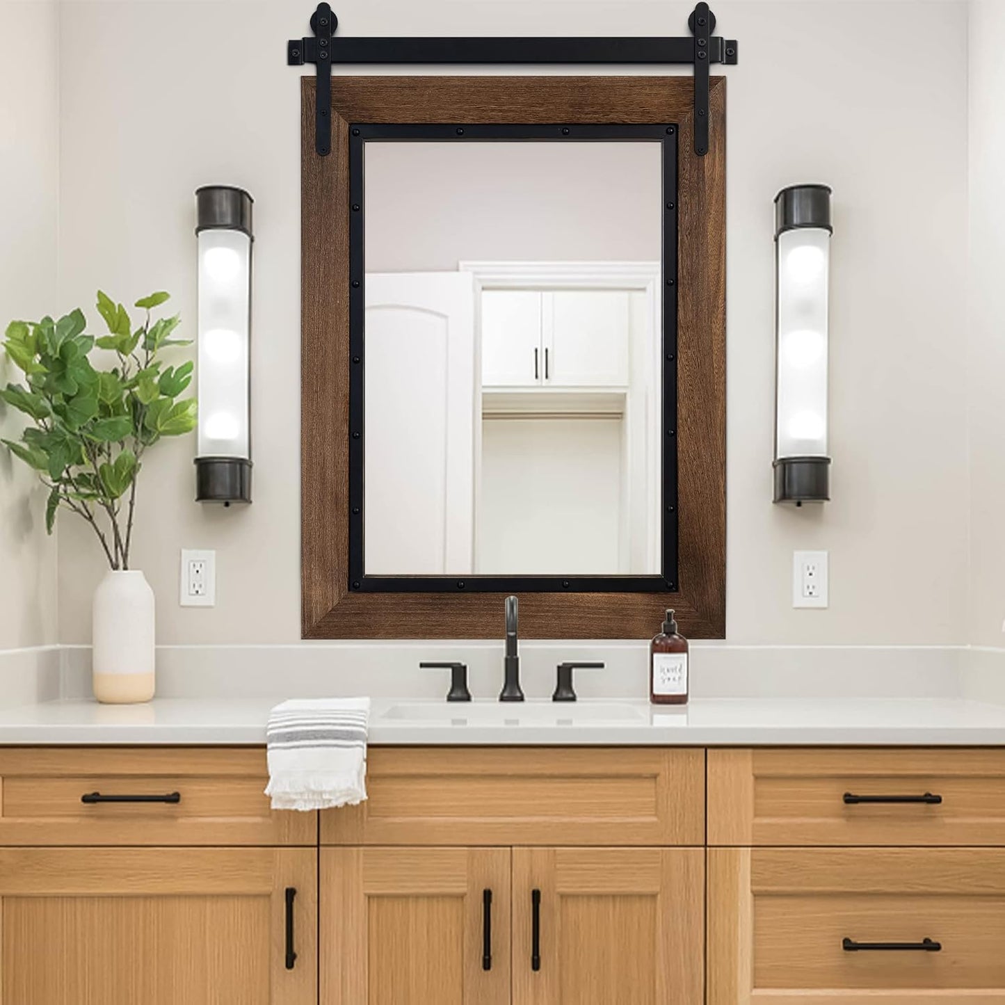 YOSHOOT Farmhouse Barn Door Mirror, 32"x24" Rustic Bathroom Mirror, Wood Frame Wall Mirror, Wooden Mirror for Living Room Bedroom Entryway Wall Décor, Vertical Hanging ONLY