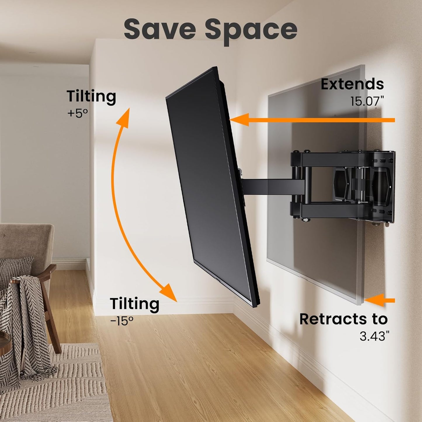 50 55 65 inch Full Motion TV Wall Mount for 32-70 inch TV Bracket, Dual articulating Arms Mount, Tilt Swivel Extension Level, Max VESA 400x400mm, 16" Studs, 110 lbs,Fit Most 40 43 50+ TVs