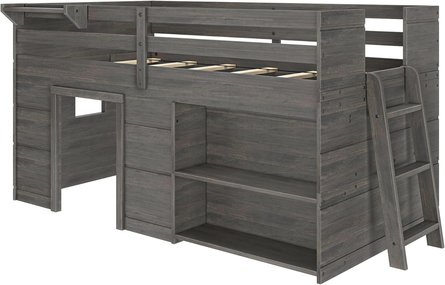 Max & Lily Modern Farmhouse Twin Low Loft Bed with Bookcase - Solid Wood, 15” Guardrails, 400-lb Capacity, Low-VOC Finish, Driftwood