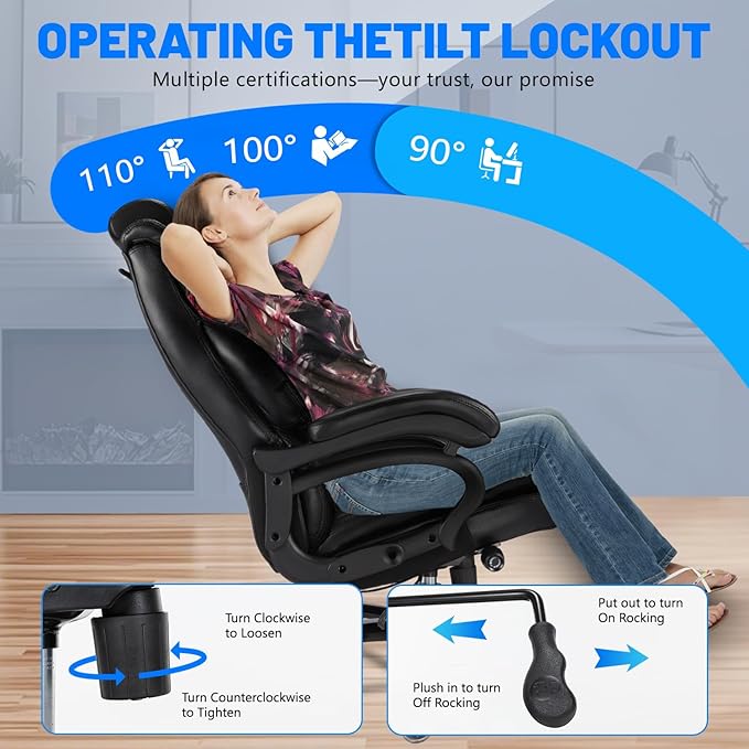 600lbs Big and Tall Office Chair, Executive Chair with Adjustable Headrest, High Back Extra Wide Seat, Heavy Duty PU Leather for Home Office, Comfortable Large Computer Desk Chair