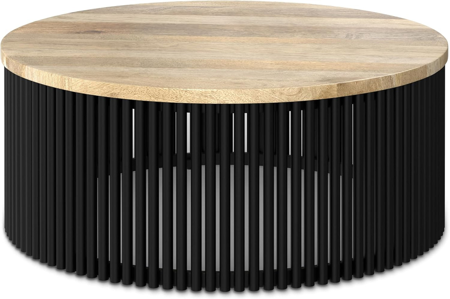 SIMPLIHOME Demy Coffee Table - 35 inch Wide Industrial Contemporary Round Cocktail Table in Natural and Black, Sculptural Living Room Table with Wood Veneer Top and Powder Coated Metal Base, Assembled