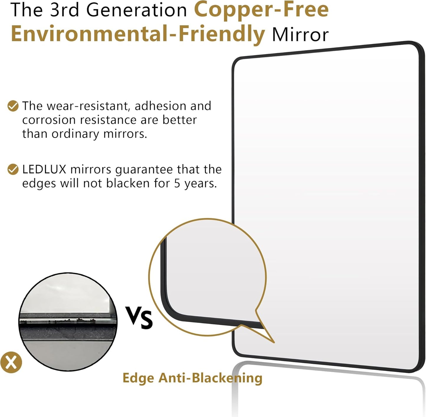 30"x48" Bathroom Wall Mirror with Matte Black Metal Frame & HD Glass, Copper-Free Mirrors Modern Rectangle Round Corner Framed Vanity Mirror - Horizontal or Vertical Installation