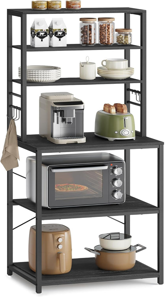 VASAGLE Coffee Bar, Baker’s Rack for Kitchen with Storage, 6-Tier Kitchen Shelves with 6 Hooks, Microwave Stand, Industrial, 15.7 x 23.6 x 65.7 Inches, Charcoal Gray and Black UKKS024B22