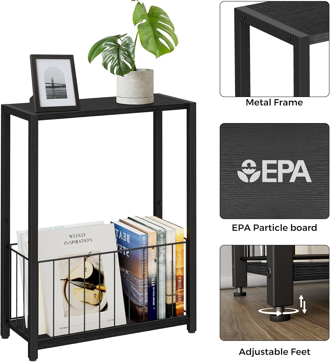 Narrow Side Table with Magazine Holder, Skinny End Table Perfect for Small Spaces, Space-Saving Design for Living Room, Bedroom, or Office, 7.1" D x 16.9" W x 23.6" H, Black