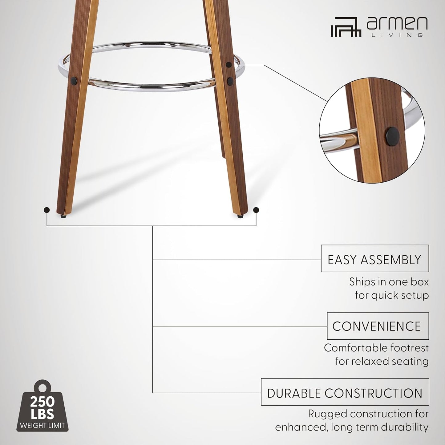 Armen Living Shelly 30" Bar Height Swivel Brown Faux Leather and Walnut Wood Bar Stool - Set of 2