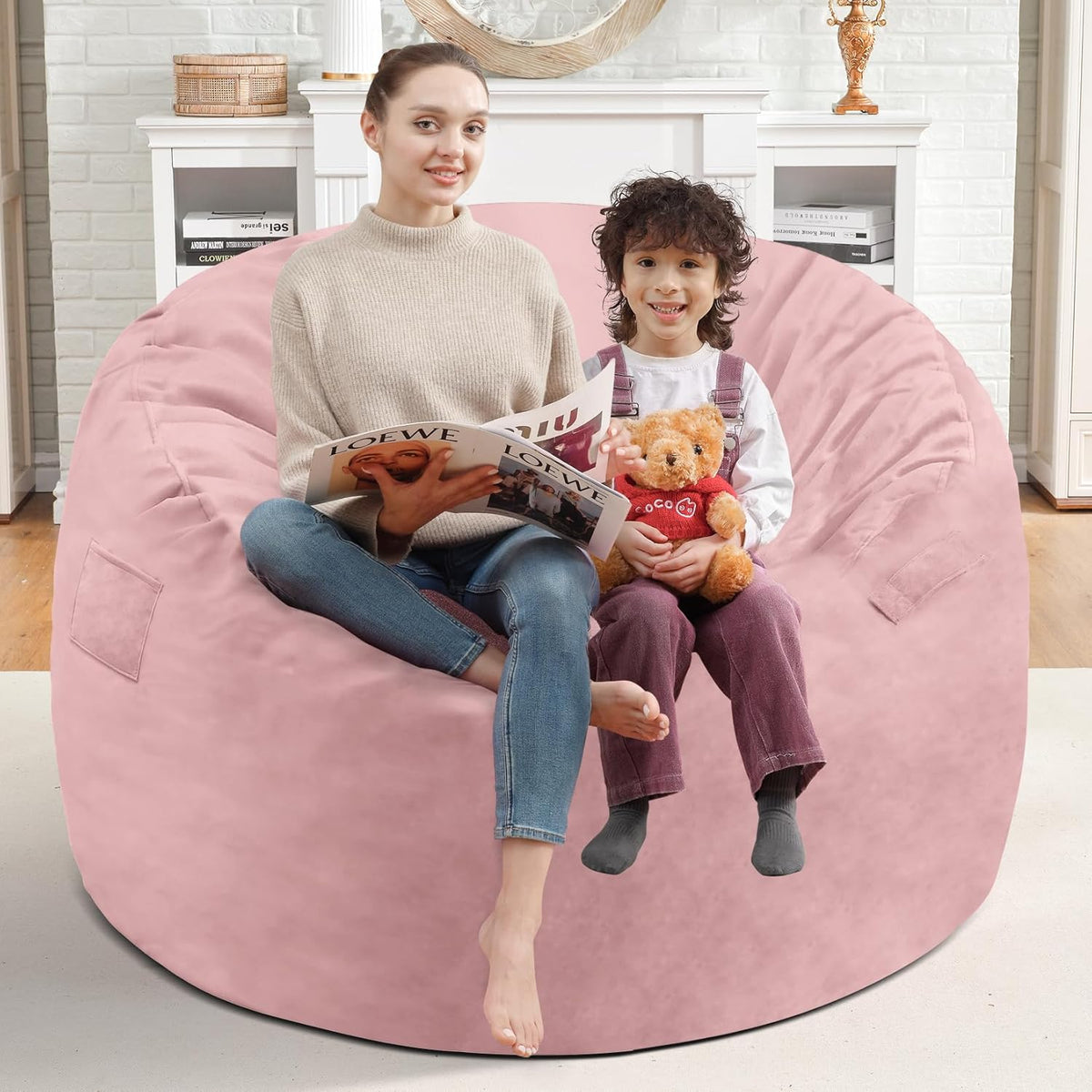 3FT Bean Bag Chair, Comfy Bean Bag Chairs with Memory Foam Filled, Fluffy Beanbag Sofa with Dutch Velvet Cover, Round BeanBag Chairs for Living Room, Playroom - Light Pink