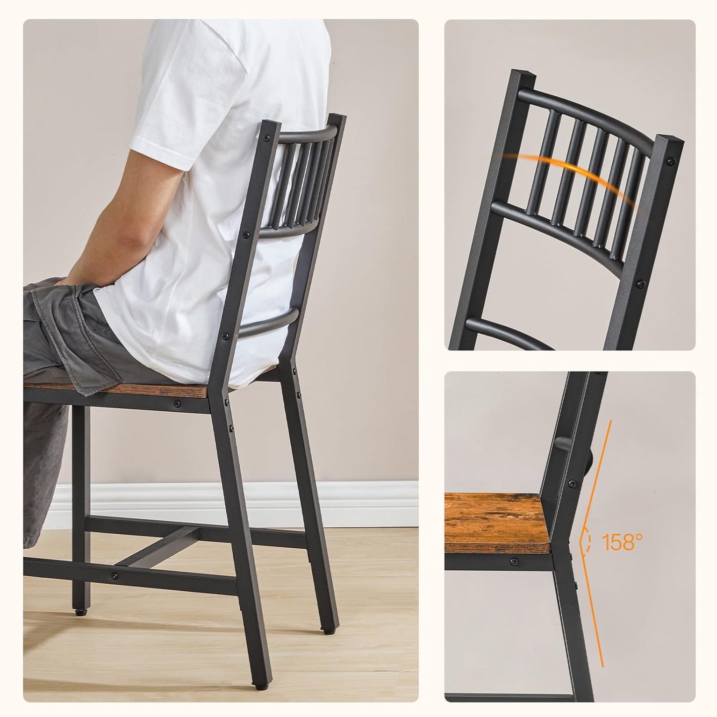 HOOBRO Kitchen Chairs Set of 4, Wooden Dining Room Chairs with Metal Frame, Dining Chair with Back, Easy to Assemble, Farmhouse Dining Chair for Living Room, Rustic Brown and Black BF39CDP401