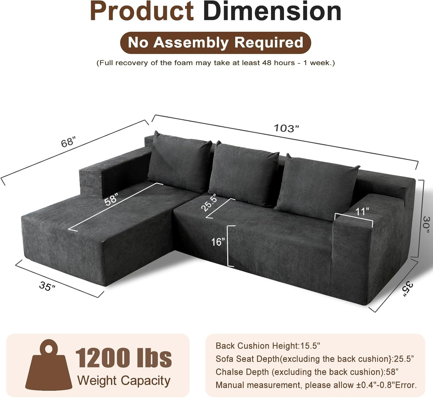 103" Cloud Sectional Sofa, Boneless L-Shape Couch with Chaise, Modern Minimalist Modular Couch for Living Room, Free Combination Deep Seat Corner, No Assembly Required, Dark Grey