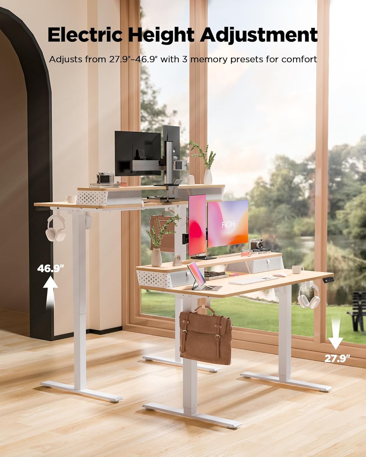 35x20 Inch Standing Desk with Double Drawers, C-Clamp Mount Compatible, Electric Adjustable Height Computer Stand Up Desks, Home Office Sit Stand Table with 3 Preset Heights & 2 Hooks, Natural
