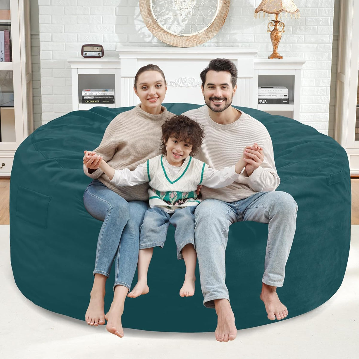5FT Bean Bag Chair, Large Bean Bag Chairs with Memory Foam Filled, Fluffy Beanbag Sofa with Dutch Velvet Cover, Round BeanBag Chairs for Living Room, Playroom- Sea Blue
