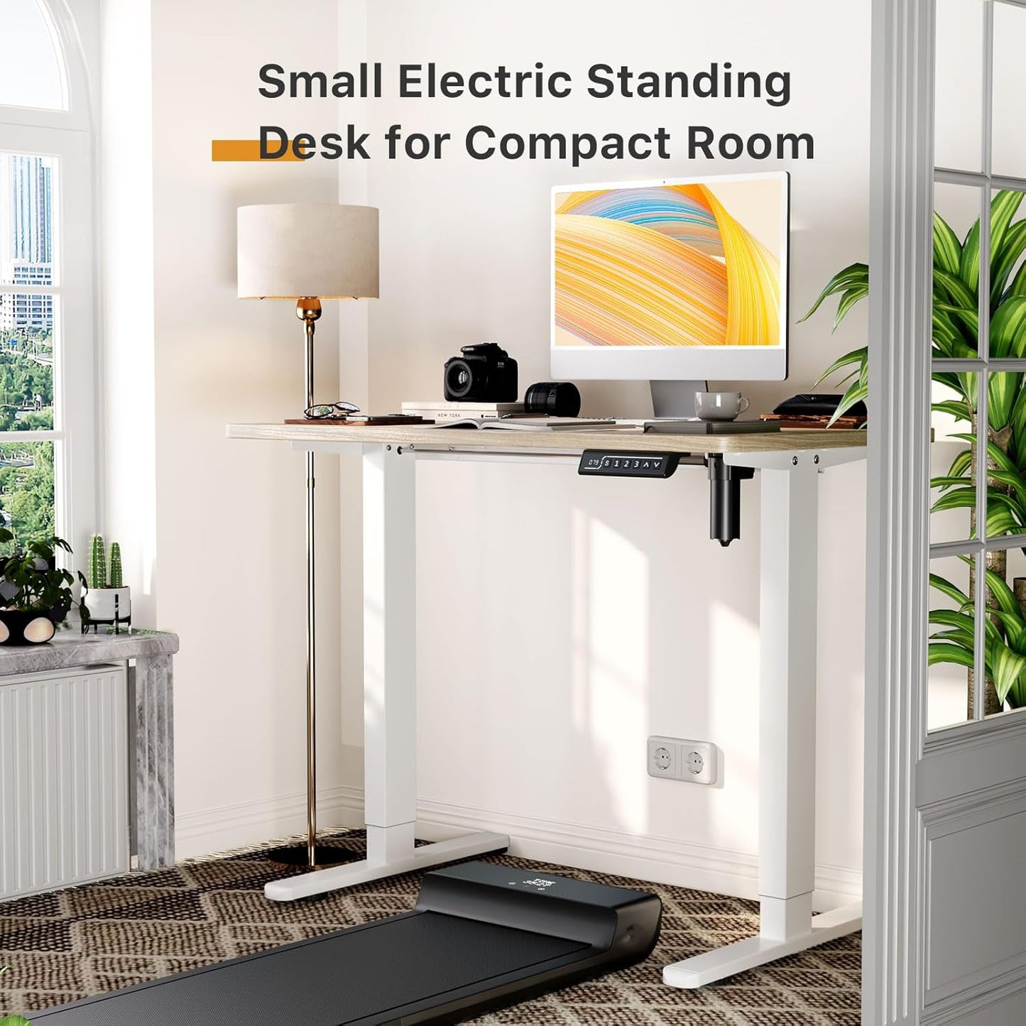 JOY worker Small Electric Standing Desk, 35" x 20" Whole Piece Height Adjustable Desk with Memory Controller, Light Walnut Sit to Stand Workstation for Home Office