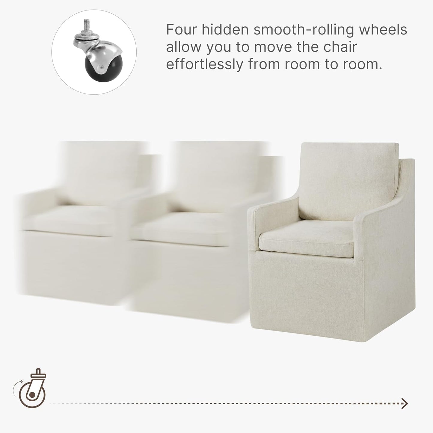 Upholstered Dining Chairs with Casters Washable Cover Side Deskchair with Rollers for Diningroom, Living Room, Cream Beige, 4 Box