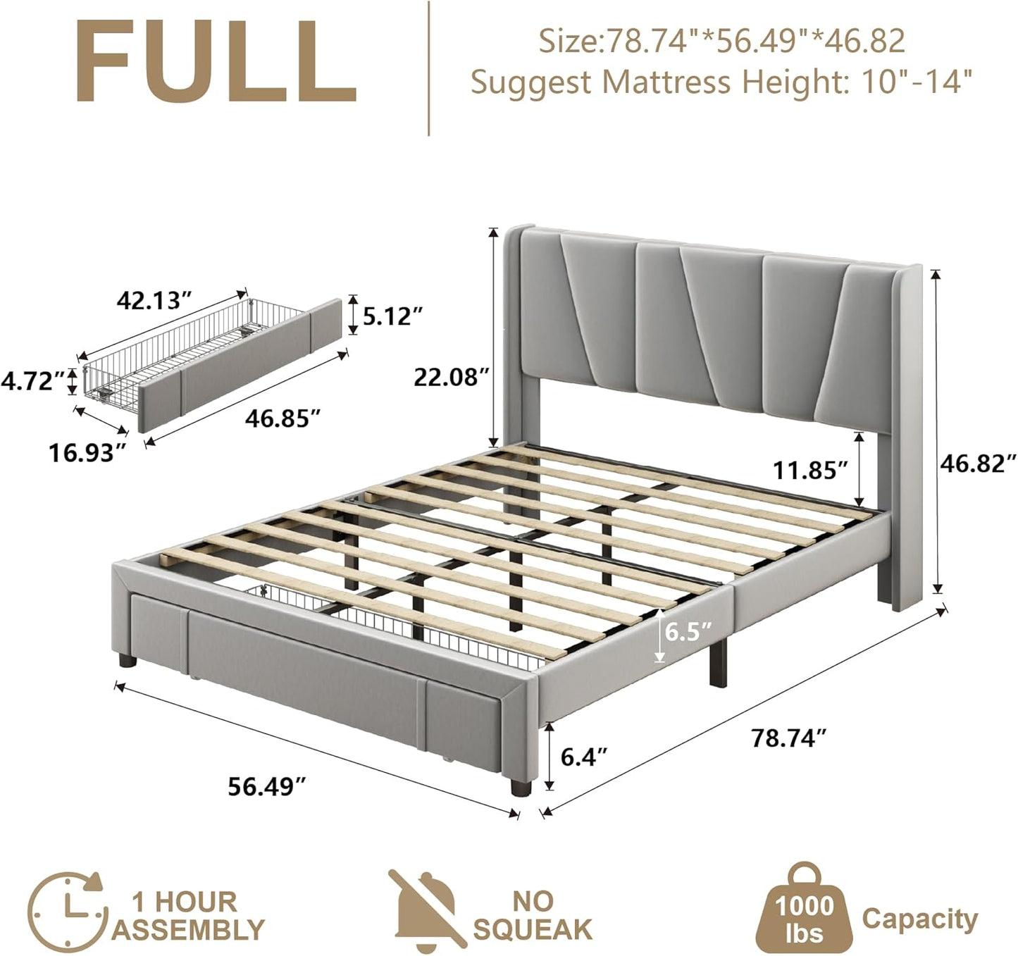 Full Bed Frame with Storage Drawers, Upholstered Platform Bed with Headboard and Wingboard, No Box Spring Needed, Noise Free, Easy Assembly, Wooden Support Slats, Light Grey