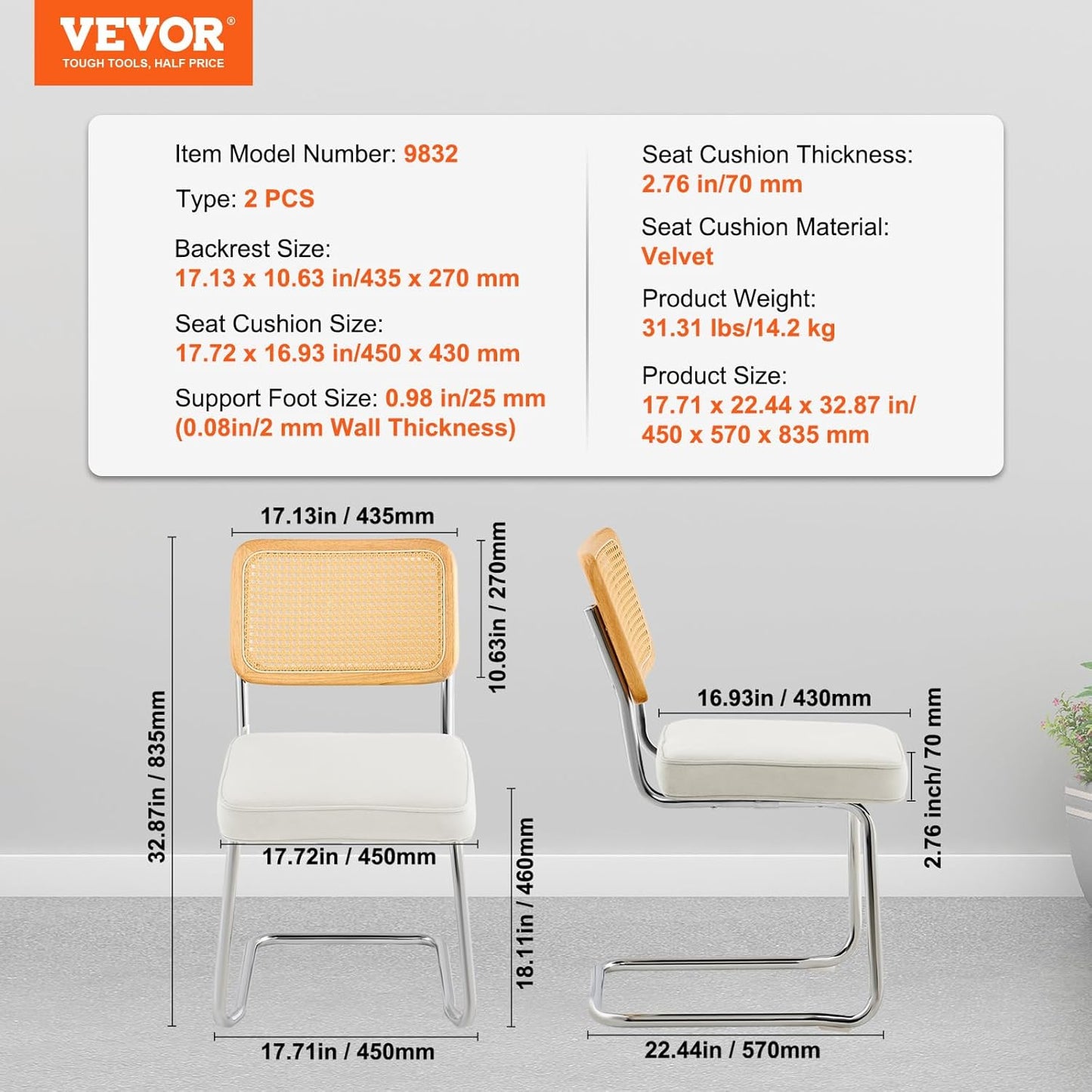 VEVOR Rattan Chairs Set of 2, Mid Century Modern Dining Chair, Upholstered Velvet Accent Chair with Rattan Back, Retro Kitchen Chair for Living Room, Bedroom (18.1 Inch)