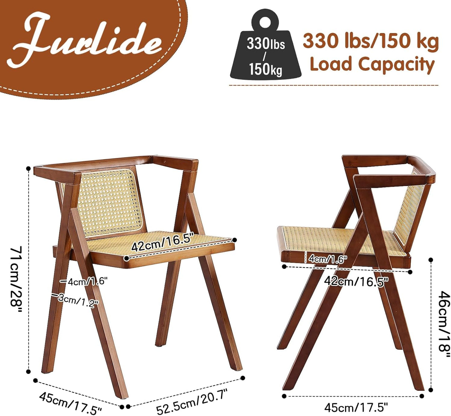 Rattan Dining Chairs Set of 2, Mid-Century Accent Armchair, Wicker Chair, Outdoor Bamboo Chair for Dining Room, Living Room, Bedroom, Kitchen, Walnut