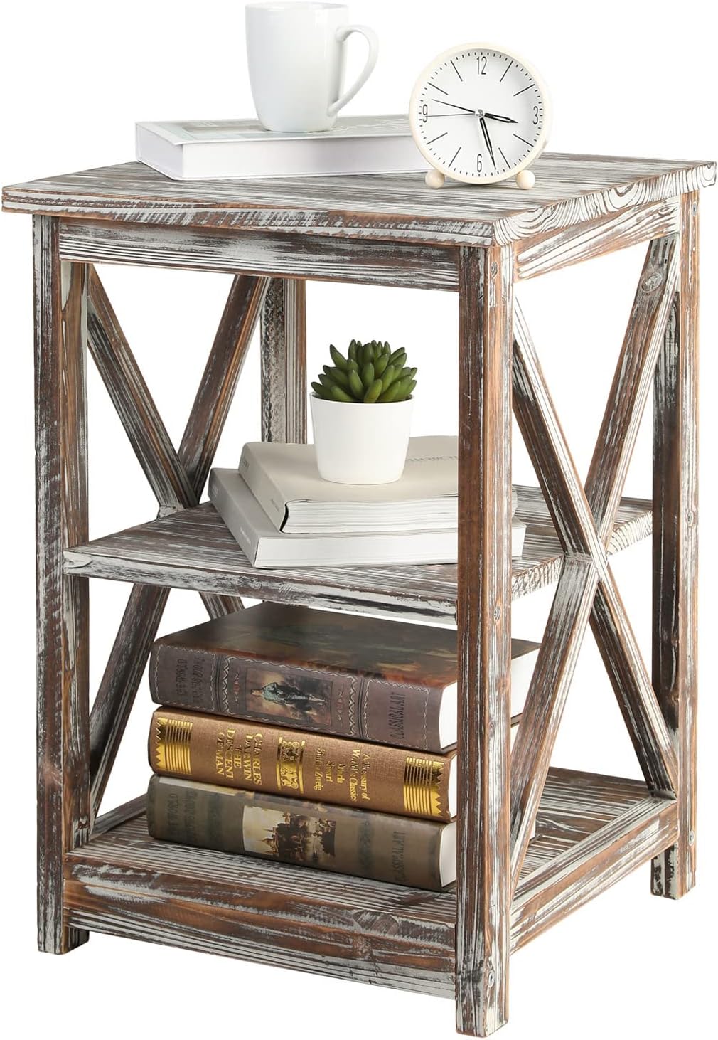 MyGift 24 Inch Tall End Table, Rustic Torched Solid Wood Living Room Accent Side Table with 3 Tier Display Shelf, Wooden X Design Bedroom Nightstand Square Storage Shelves