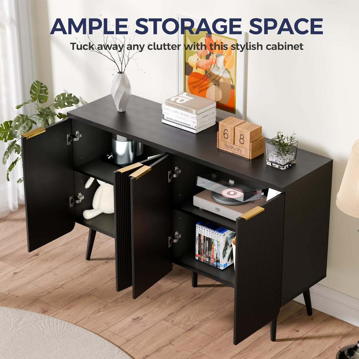 47.2" Buffet Cabinet with 4 Doors, Accent Sideboard Cabinet with Adjustable Shelf, Dining Room Sideboard with Waveform Panel, Credenzas for Living Room, Hallway, Black